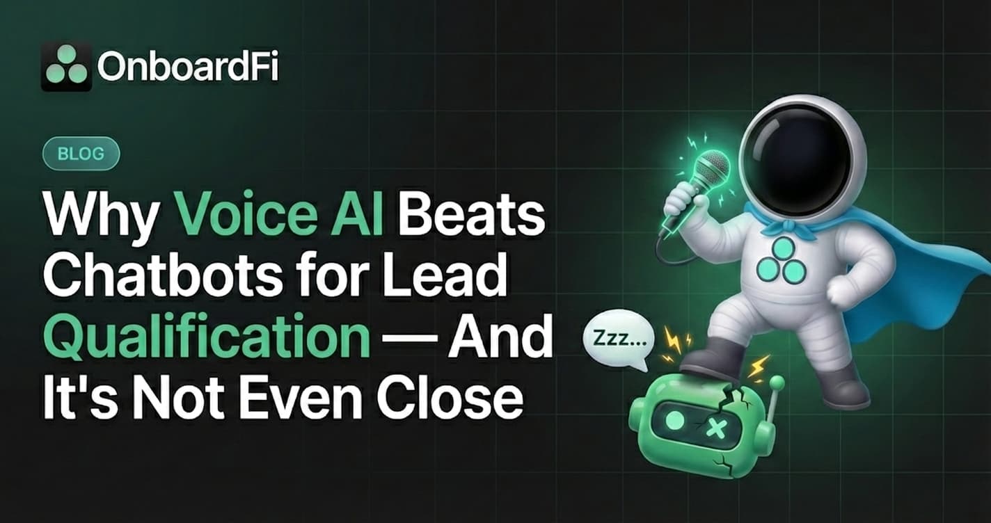 Comparison of voice AI conversation and text chatbot interaction showing qualification depth and conversion metrics